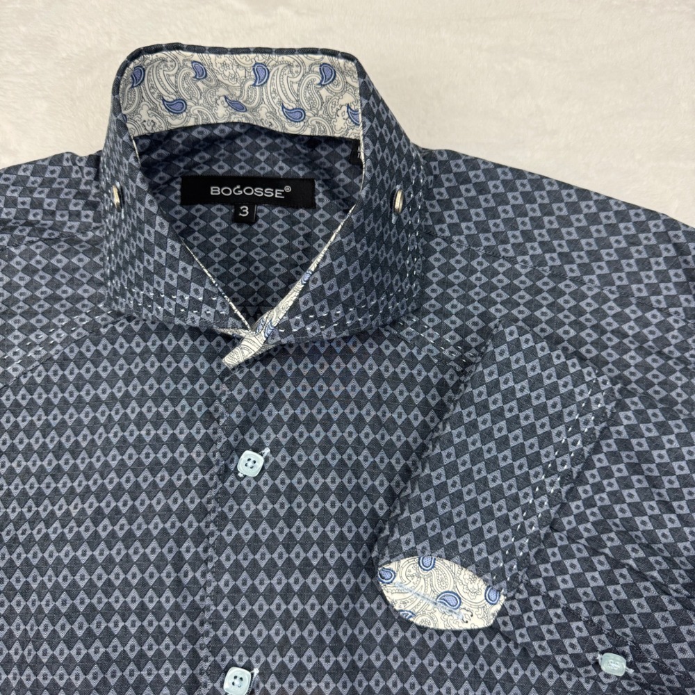 Bogosse Men Sir Comfy-83 Button Down Shirt Navy Blue Geometric Paisley Size 3 L